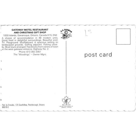 Gateway Motel Restaurant & Christmas Gift Shop 1000 Islands Ontario Postcard - Picture 2 of 2